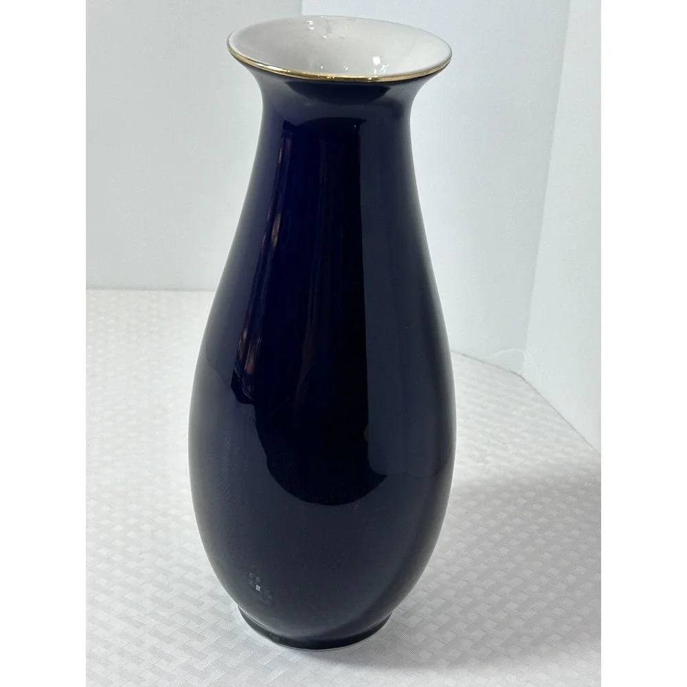 Japanese Cobalt Blue Porcelain Flower Floral Vase W/Gold‎ & Silver Leaf 10